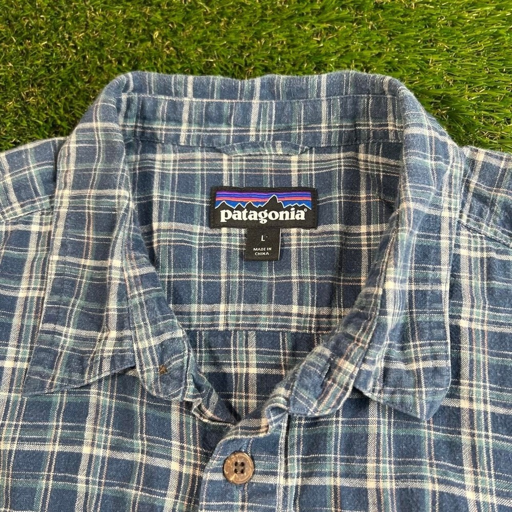 Patagonia Hemp Organic Cotton Plaid Button Up Shirt Blue Outdoor Mens Large - Picture 2 of 6